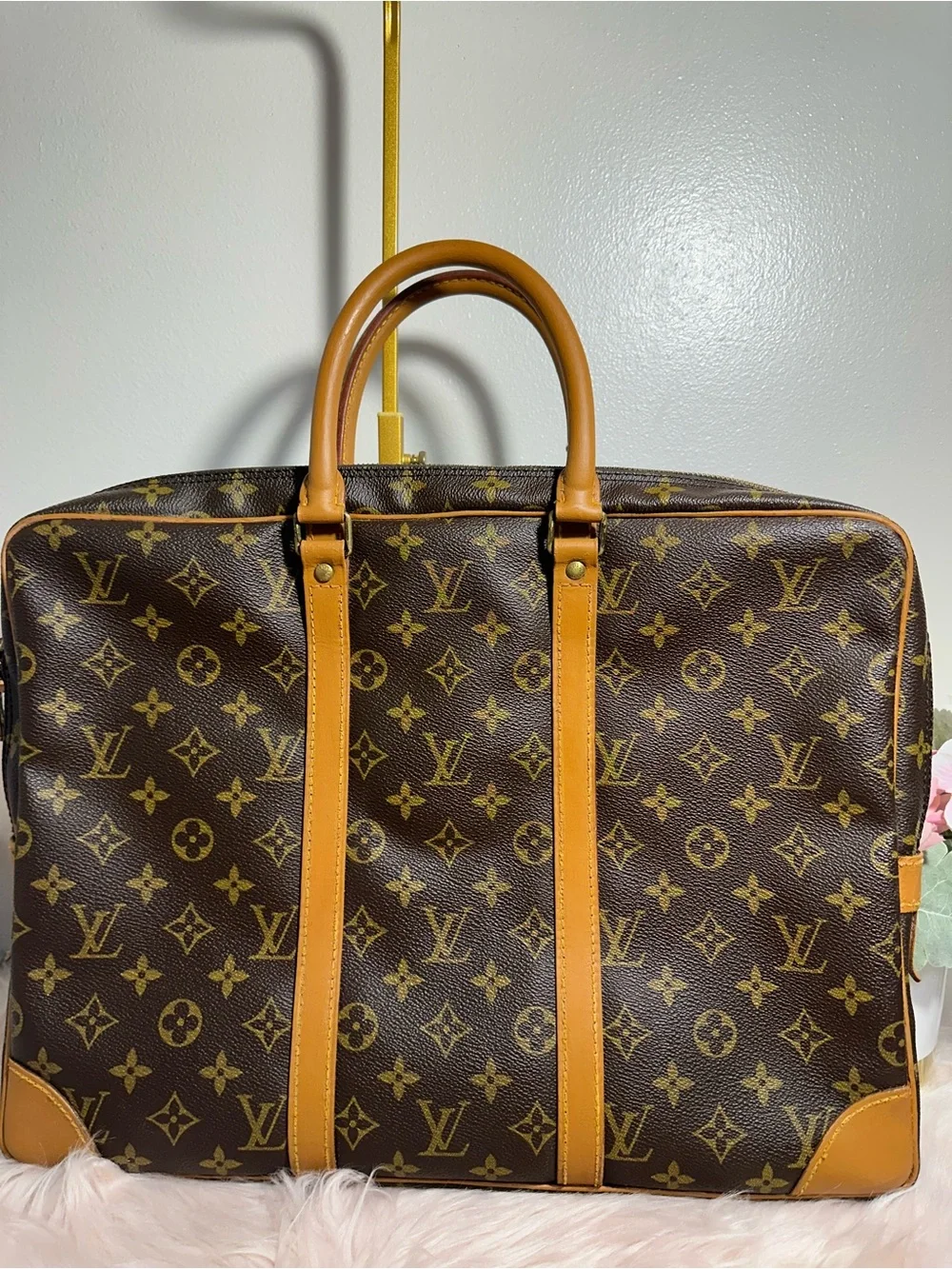Vintage Louis Vuitton Monogram Canvas Briefcase with Tan Leather Trim